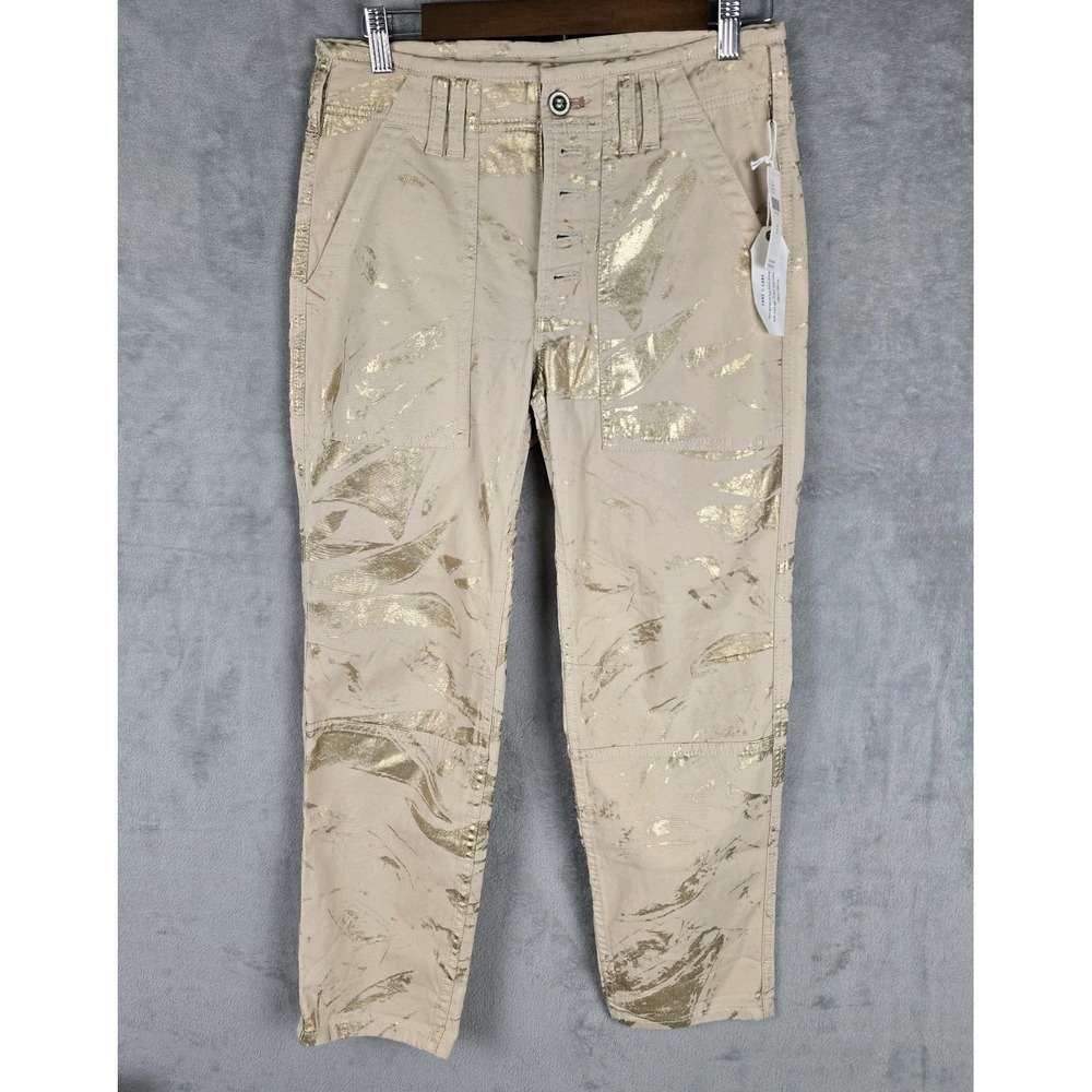 Anthropologie The Wanderer Gold Foil Metallic Utility Pants Beige 27‎ NEW